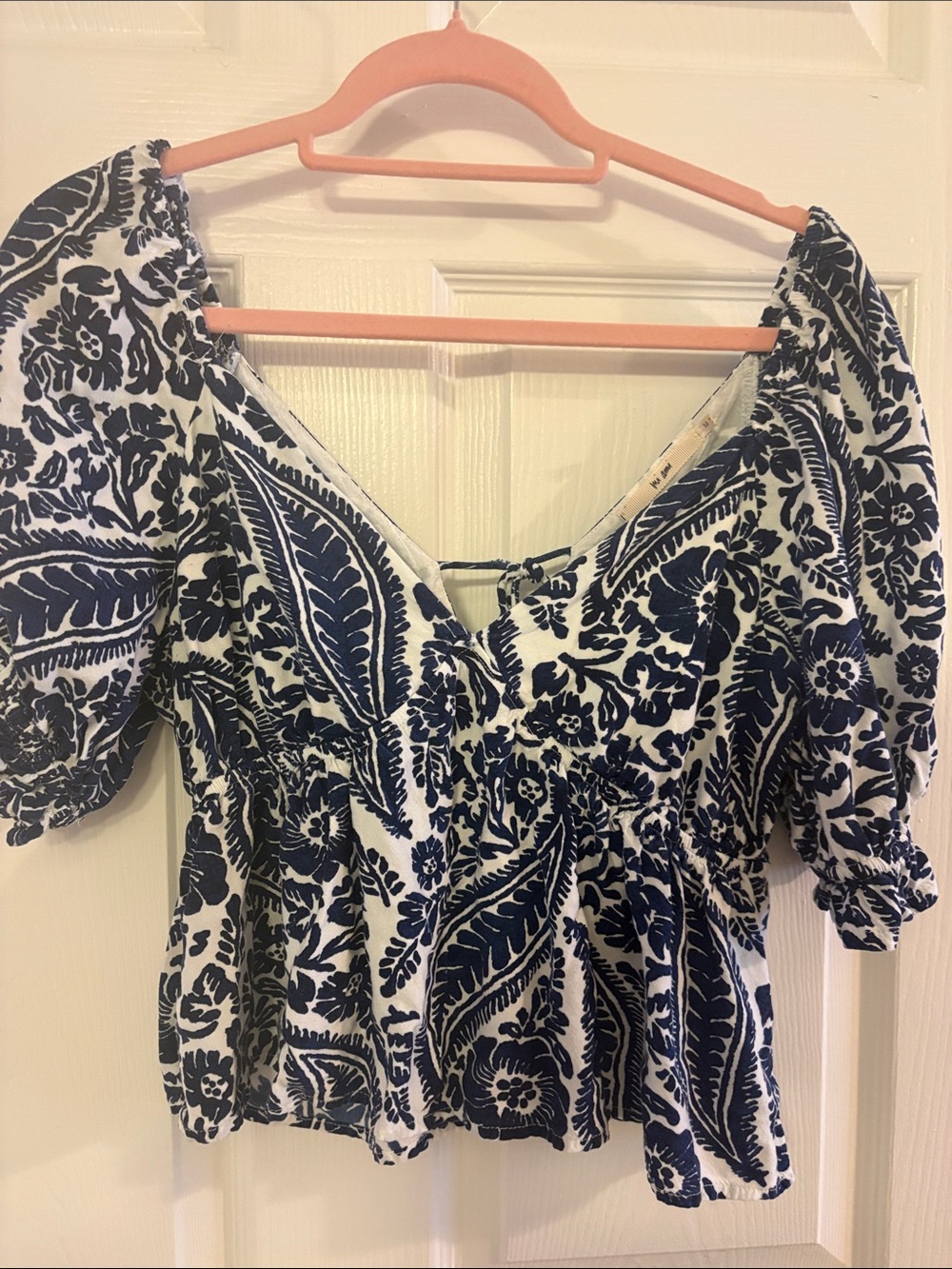 miami Navy and White Floral Puff Sleeve Peplum Top